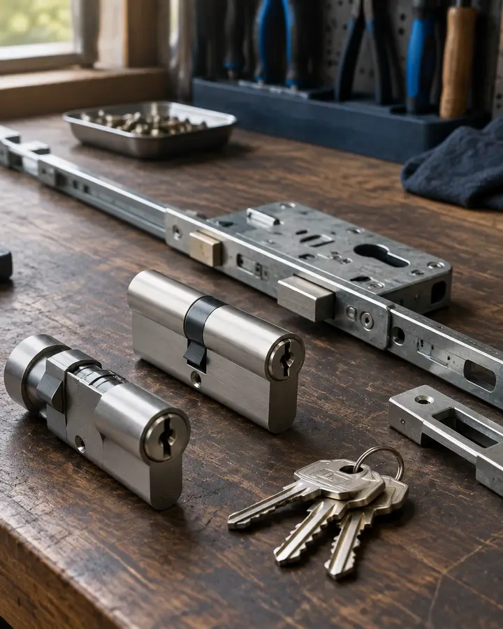 Euro cylinders and uPVC multipoint lock hardware on a locksmith workbench